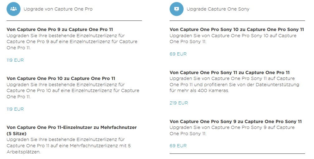 Capture One 11 für Sony Upgrade kosten